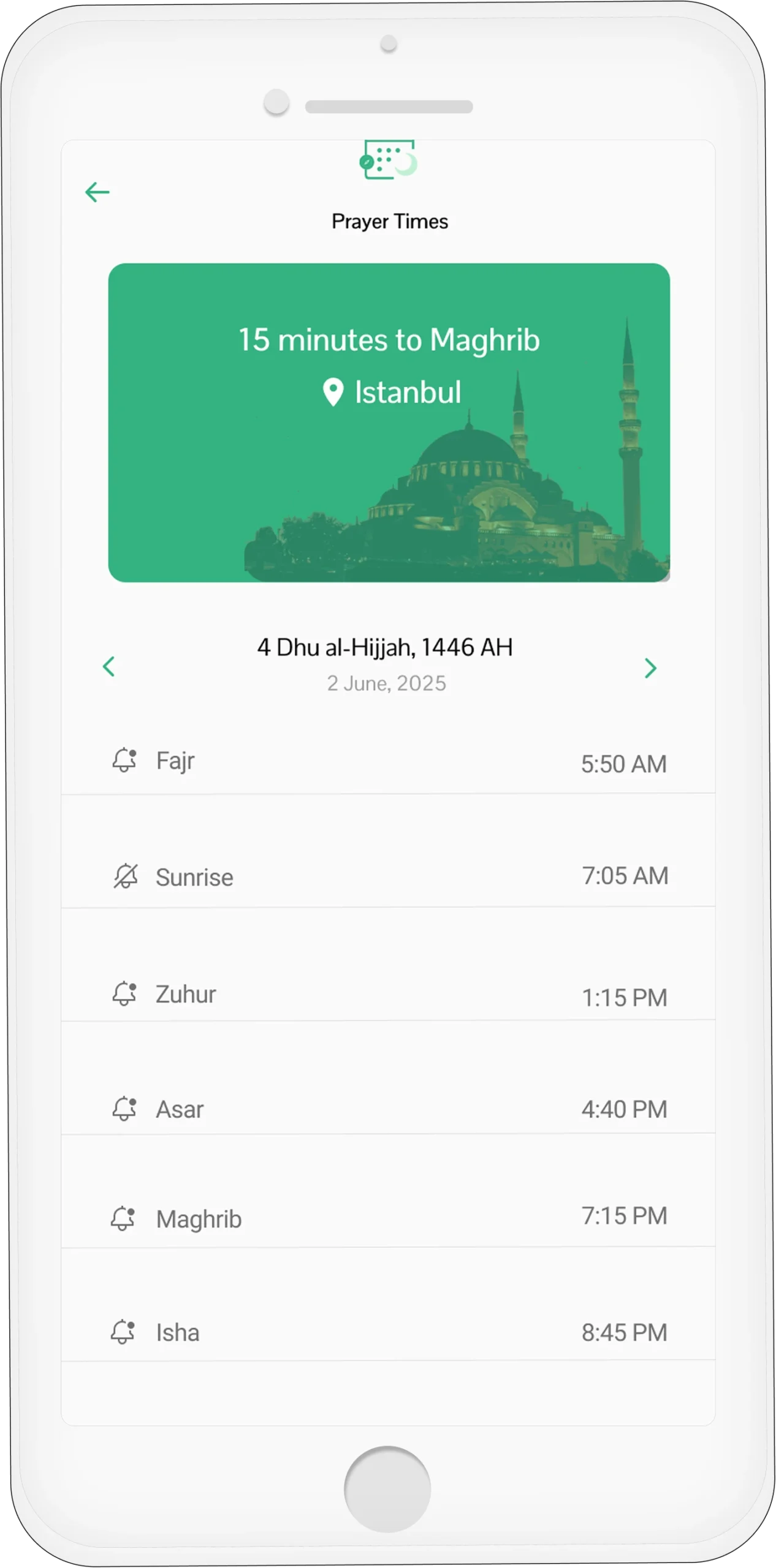Islamic Prayer Times App Interface – Salah Timings Display Mobile screen showing Islamic prayer times with location-based alerts in Istanbul – Fajr, Zuhur, Maghrib and more.