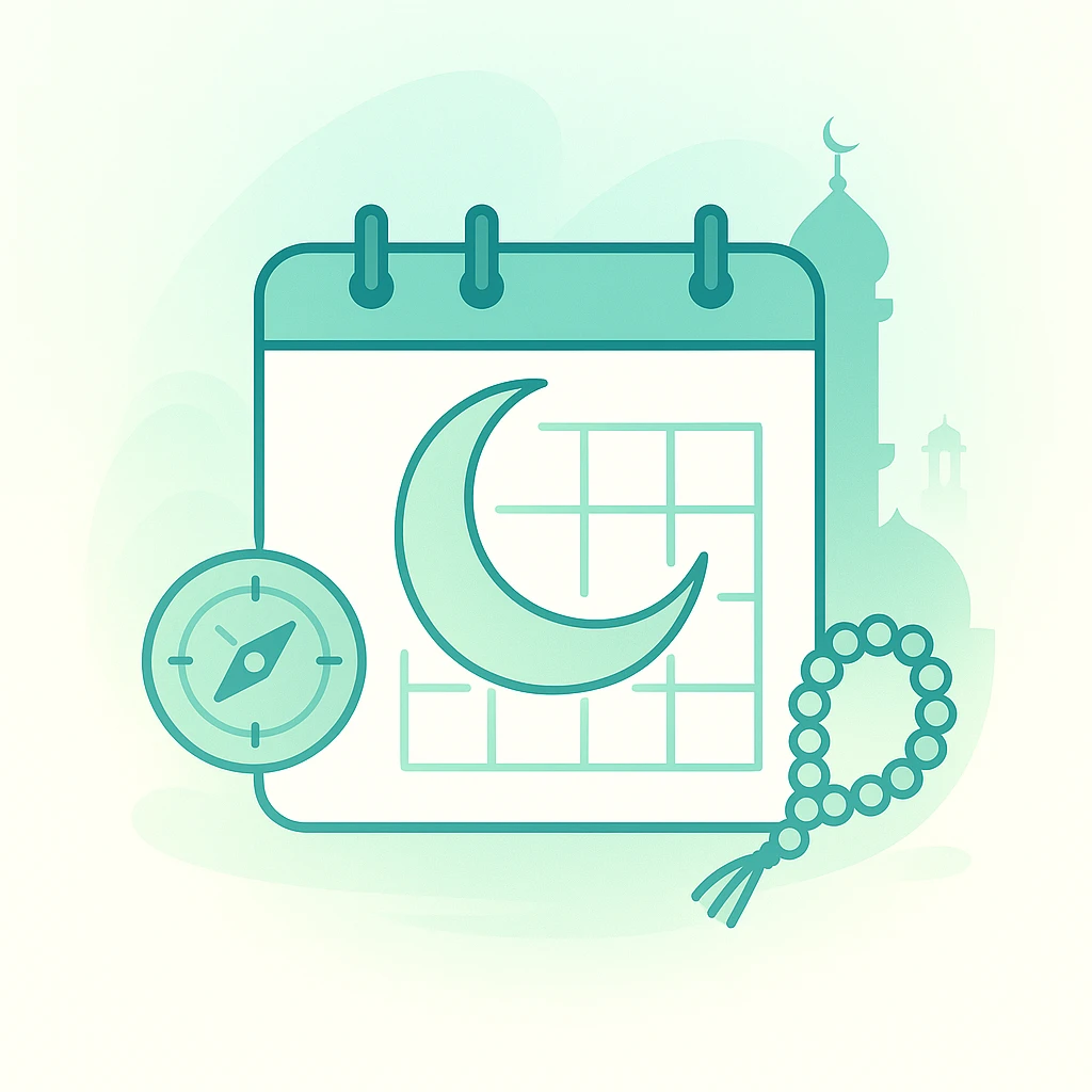 Islamic calendar with crescent moon, prayer beads, mosque and Qibla compass illustration
